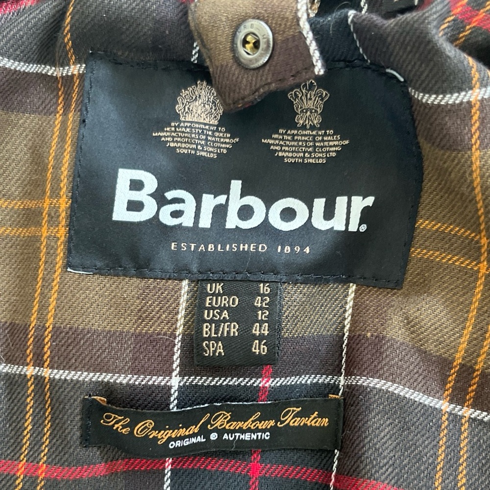 Womens Barbour Waxed Canvas Cotton Olive Green Full Zip Plaid Lined Jacket Sz 12 - Picture 8 of 8
